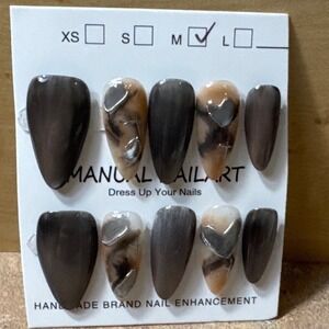 Press On Nails Almond Brown Marble Swirl Heart Nail Art